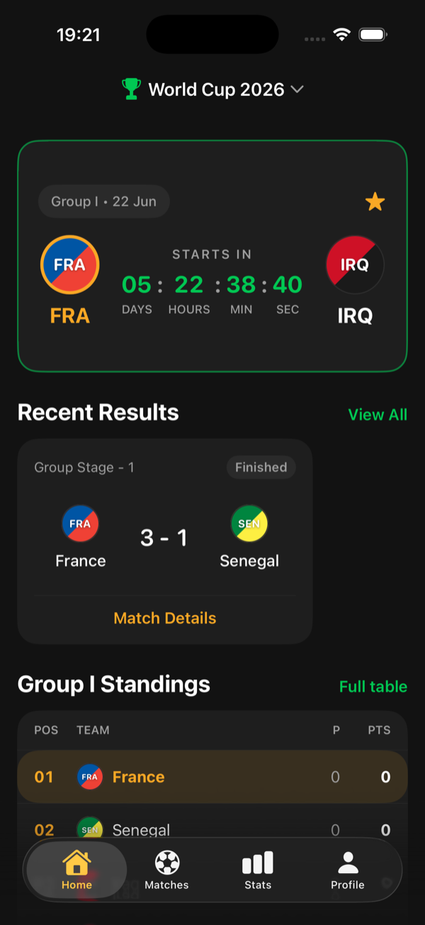 KickFlow home screen with your team's next match and a live countdown