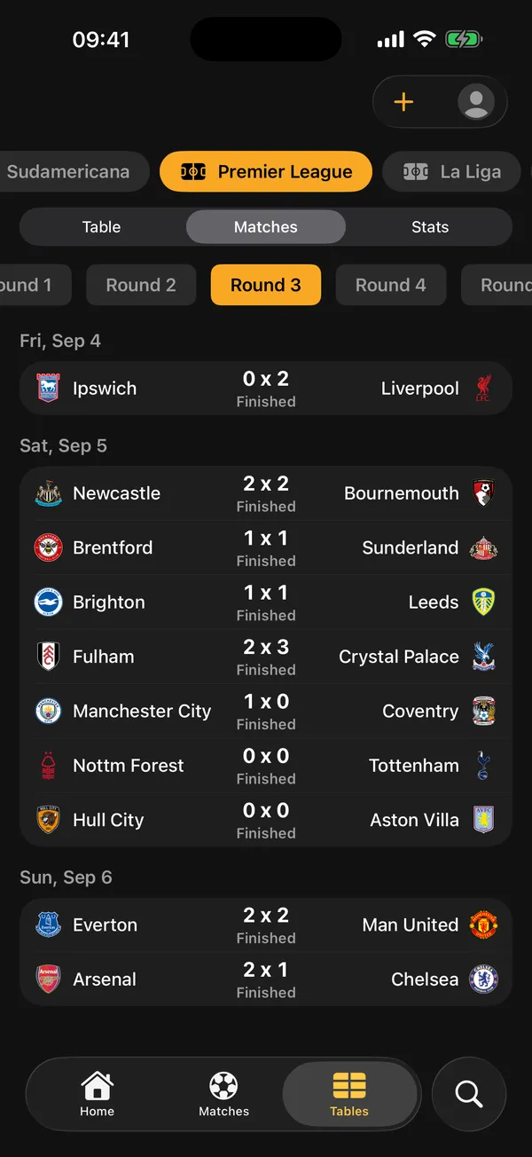 Premier League matches by round in KickFlow, with results