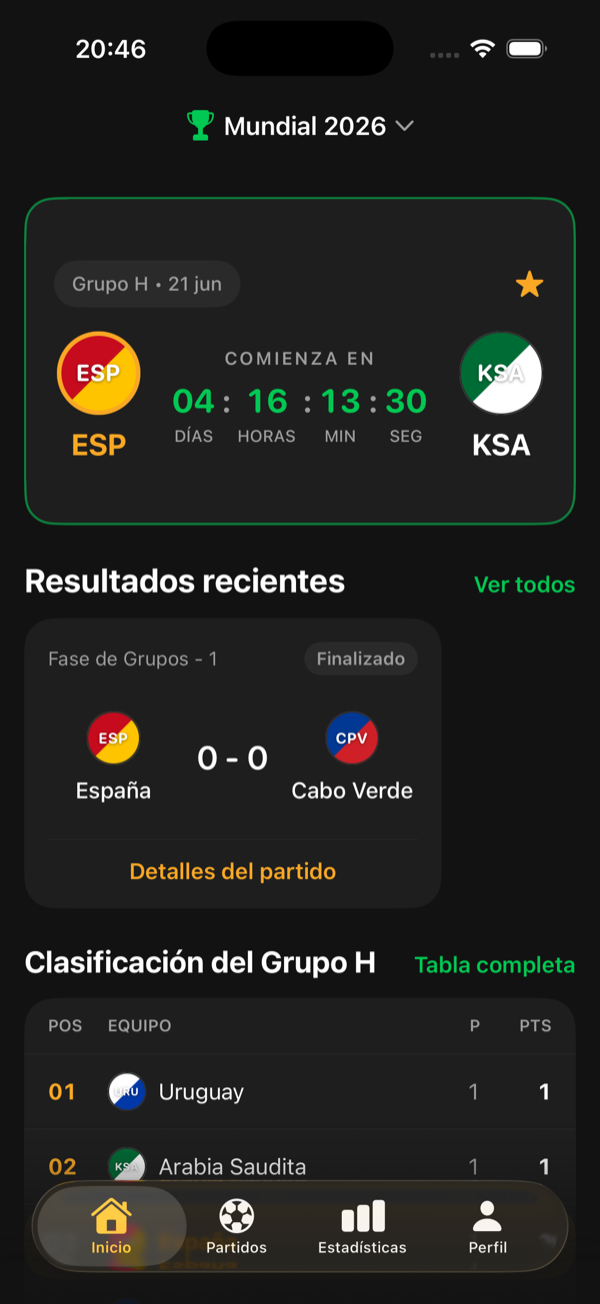 Pantalla de inicio de KickFlow con el próximo partido de tu selección y cuenta atrás