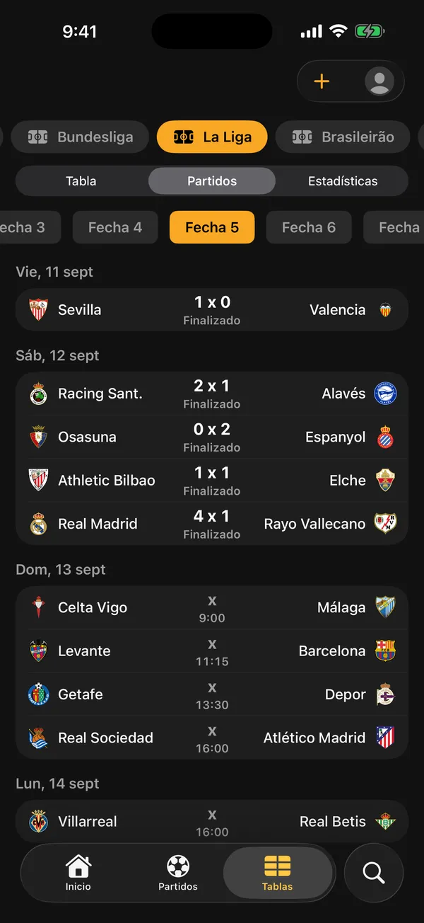 Partidos de La Liga por fecha en KickFlow, con resultados