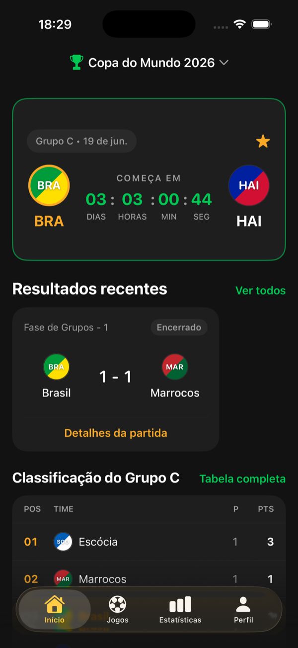 Tela inicial do KickFlow com o próximo jogo da sua seleção e contagem regressiva