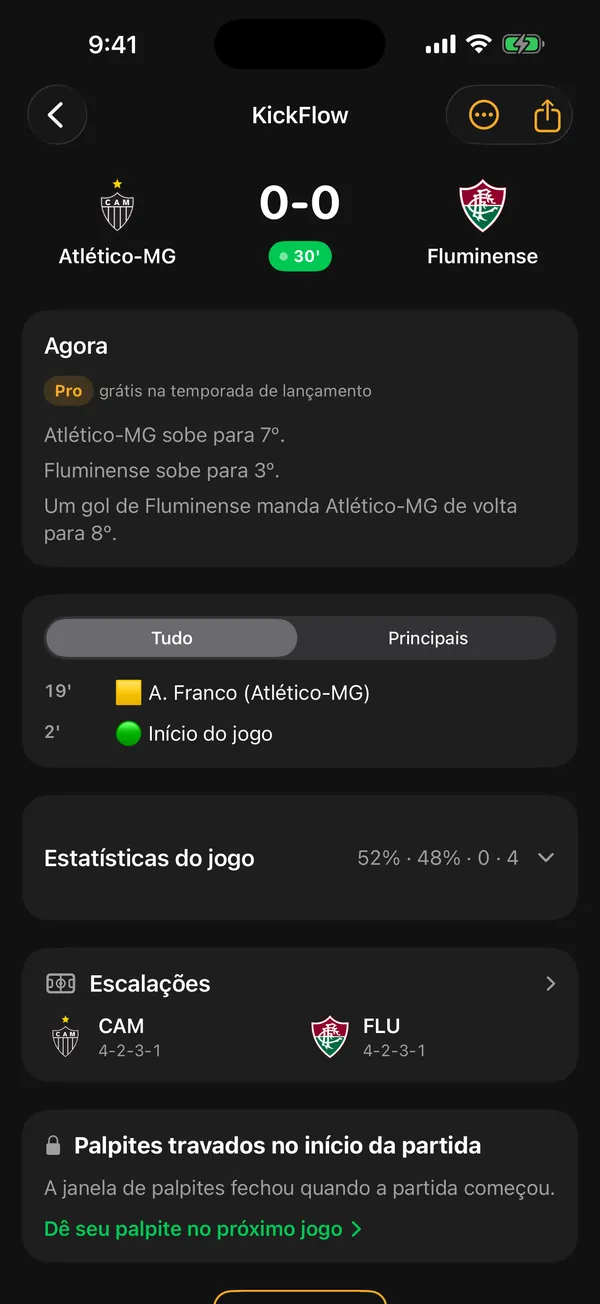 Detalhes da partida no KickFlow